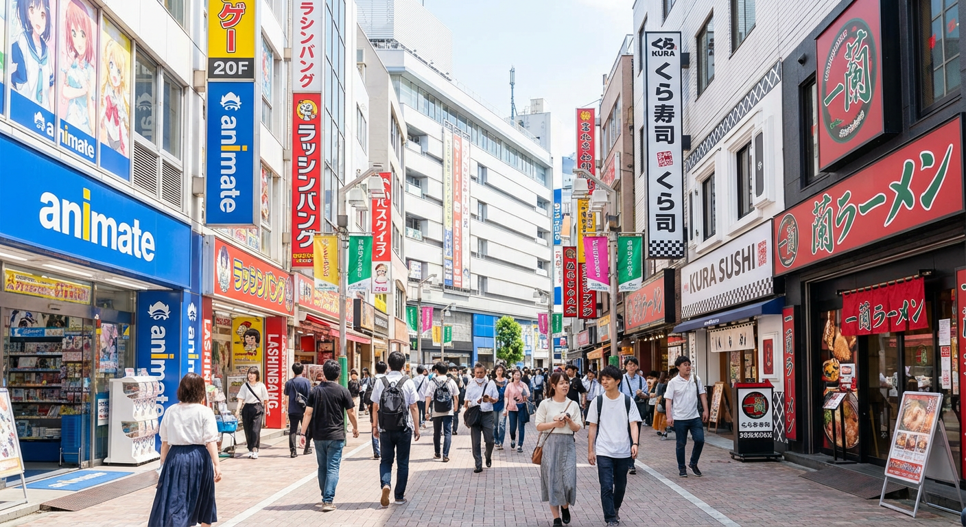 池袋東口の繁華街、アニメショップや飲食店が並ぶ賑やかな通り、昼間の明るい雰囲気、人々が行き交う様子