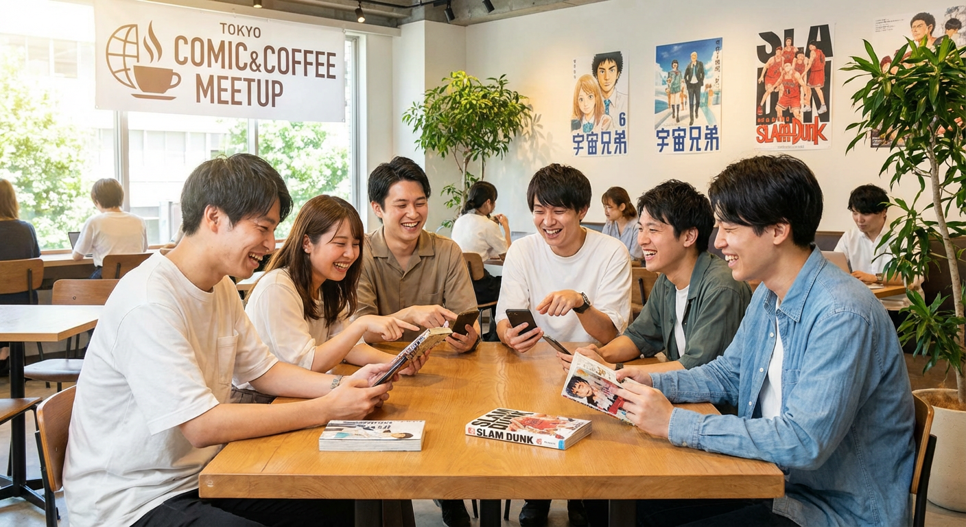 カフェのテーブルに座り、スマートフォンやマンガを見せながら楽しそうに話す男女グループ、明るくカジュアルな雰囲気のコミュニティイベント